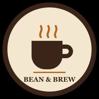 A round café logo with a steaming coffee cup and the words Bean & Brew