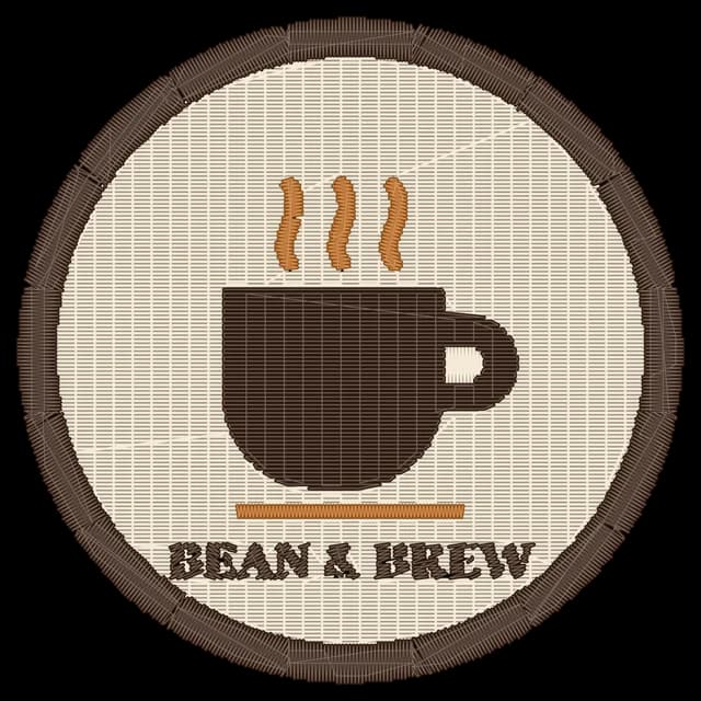 The café logo as embroidery on white fabric: fill stitches with a satin border and lettering