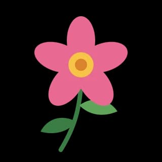 A pink five-petal flower with a yellow center, a green stem and two leaves