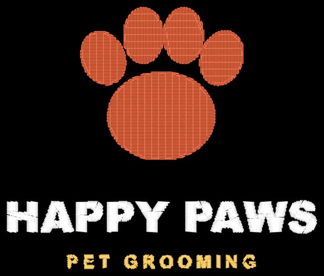 The paw logo as embroidery on navy fabric, with satin lettering