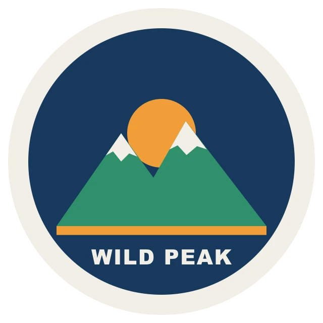 A round badge logo with mountains, a sun and the words Wild Peak
