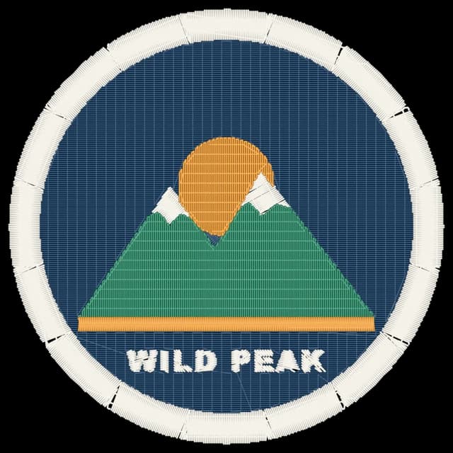 The same badge as embroidery stitches: satin lettering and border with fill stitches, on gray fabric